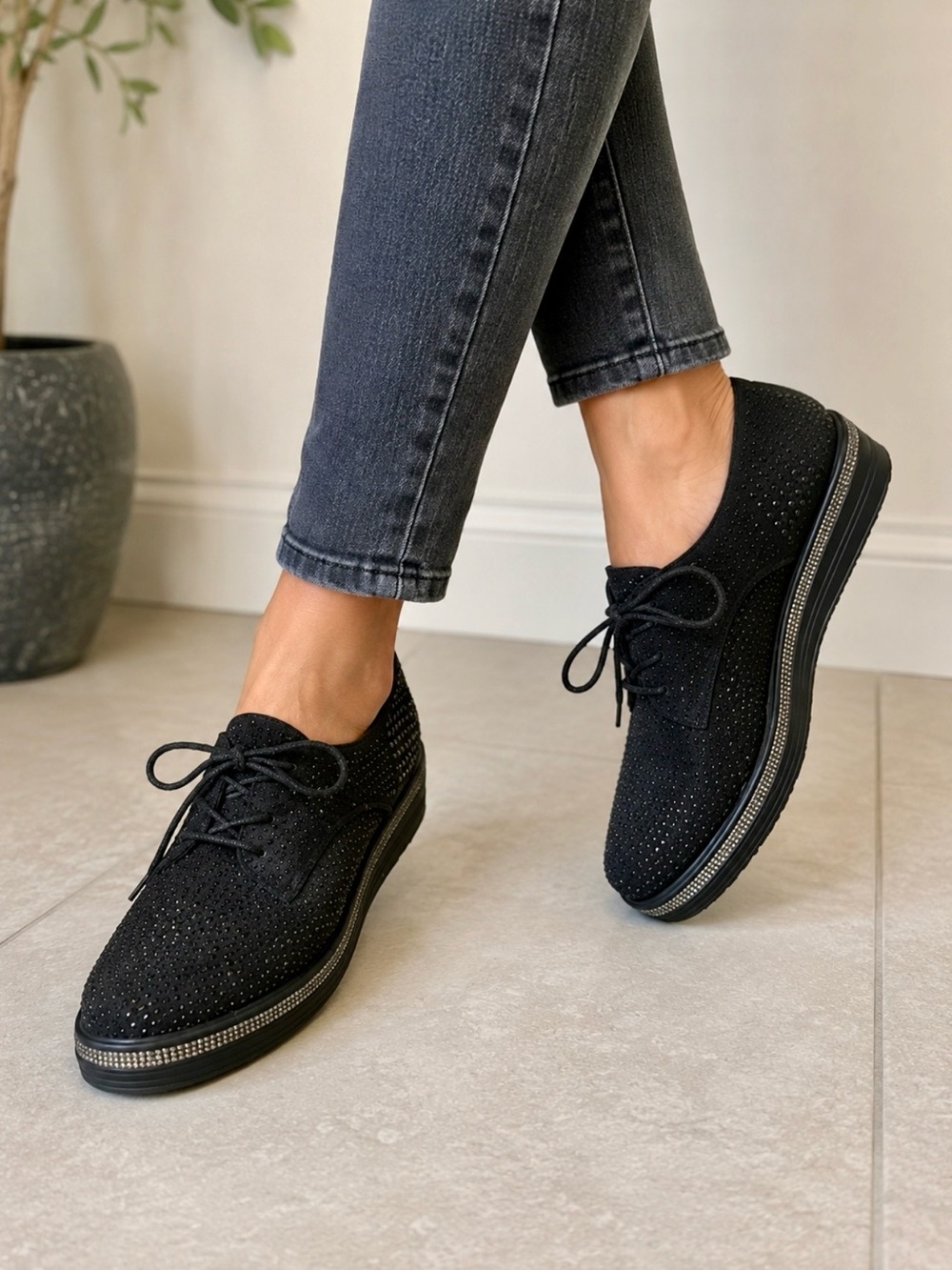 Italina Black Rhinestone Platform Oxford Shoes – Size 37 (Approx. US 7)
